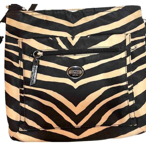 Authentic Coach Crossbody Bag Purse Nylon Zebra Print Black Tan COA Entrupy Logo - Picture 5 of 11